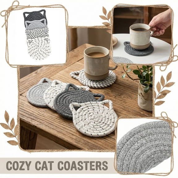 4 Pack Cat Cup Coasters With Base Cotton Rope Woven For Living Room Decor