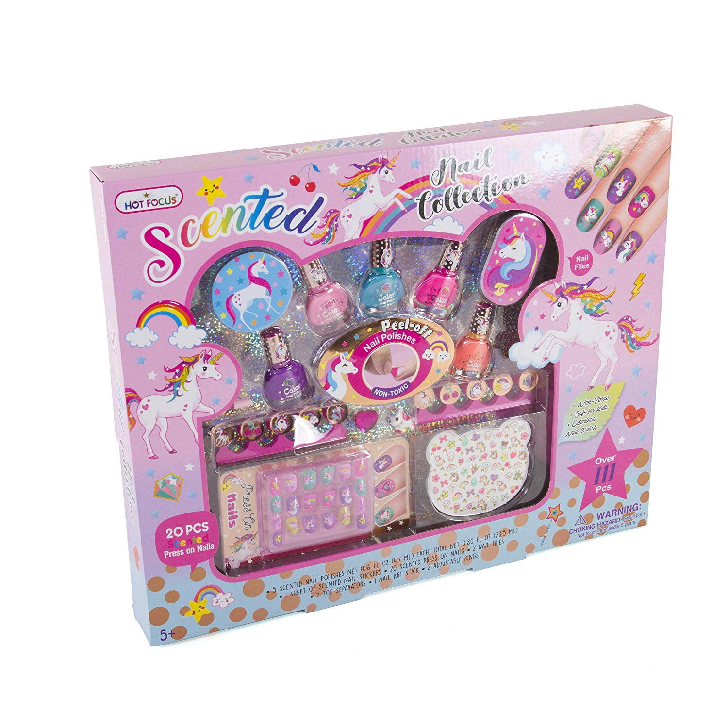 Hot Focus Nail Art Gift Set - 112 Piece Scented Grils Nail Kit Includes Press on Nails, Nail Polishes and More