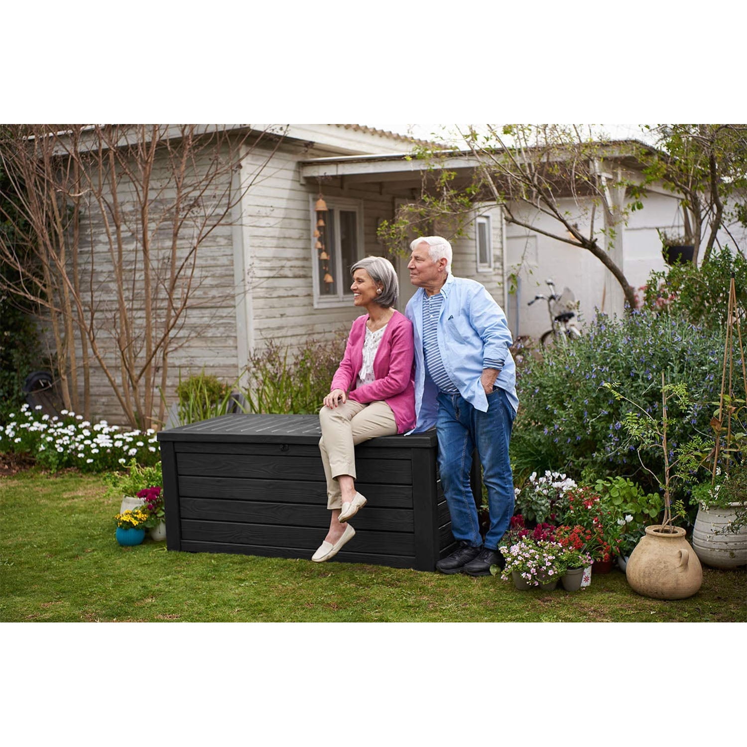 Keter Plastic 150-Gal Outdoor Patio Organizer Deck Bench Storage, Dark Gray