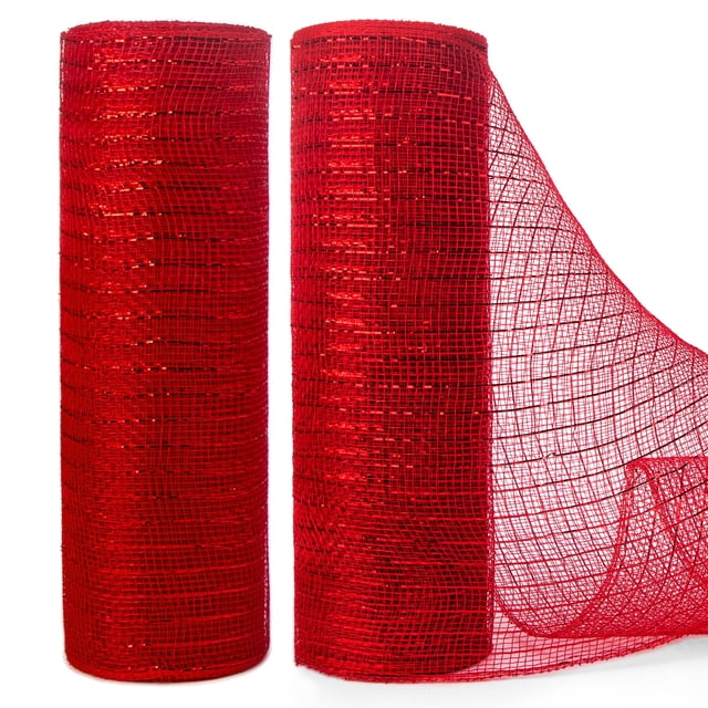 Cinta decorativa Ribbli de malla roja metalizada, 25 cm x 9 m, 2 rollos