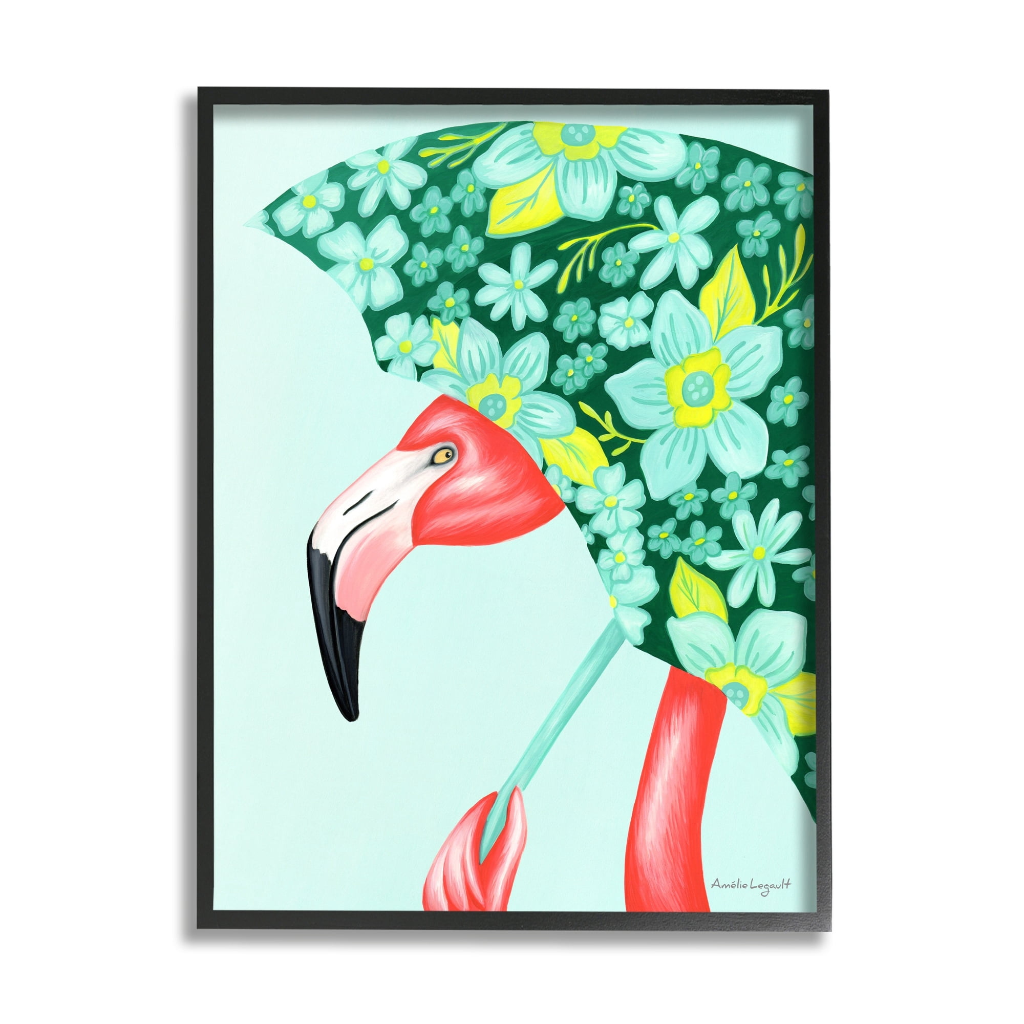 Stupell Industries Summery Pink Flamingo Floral Petal Patterned Umbrella Graphic Art Black Framed Art Print Wall Art, Design by Amelie Legault