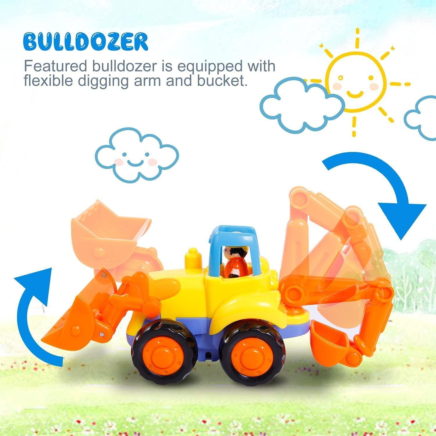 Inertia Toy Early Educational Toddler Baby Toy Friction Powered Cars Push and Go Cars Tractor Bulldozer Dumper Cement Mixer Engineering Vehicles Toys for Children Boys Girls Kids Gift 4PCS