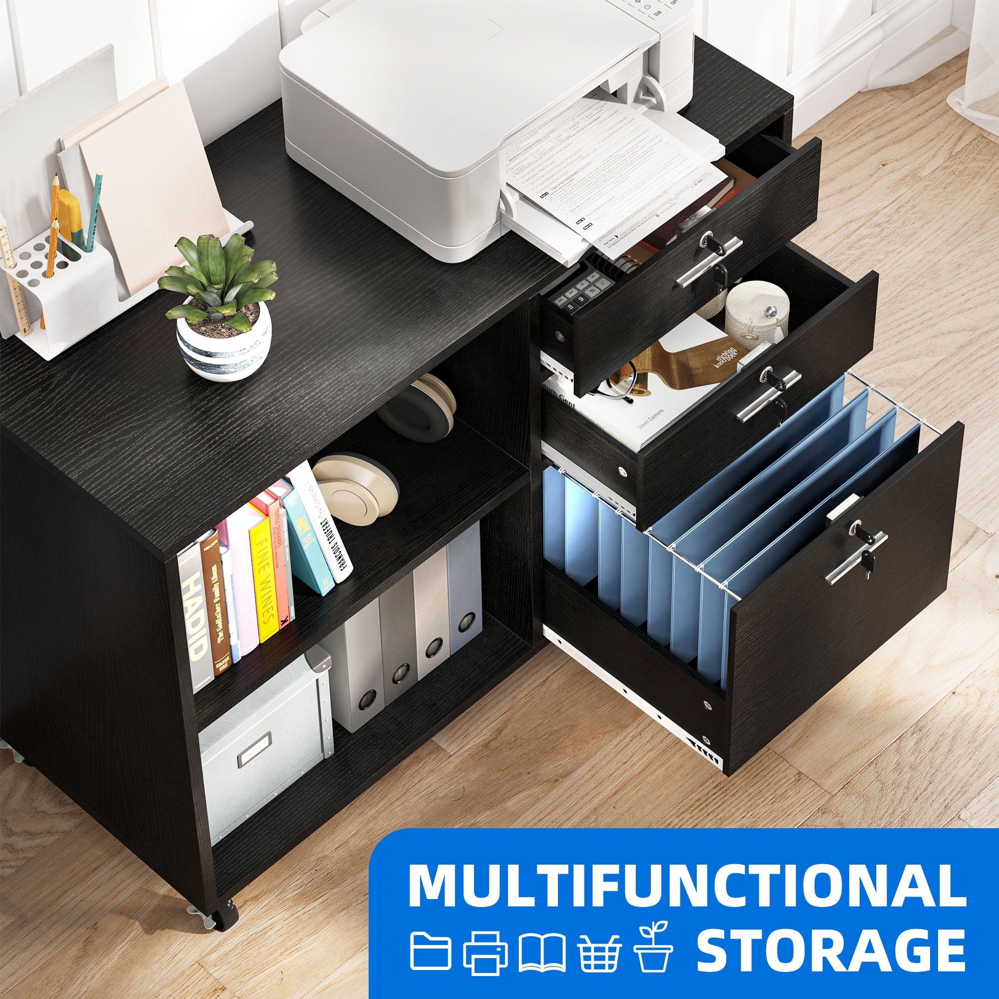 DEXTRUS 3 Drawer Lateral File Cabinet, Printer Stand with Drawers, File Cabinet Fits A4 Letter Legal Size Folders, Black