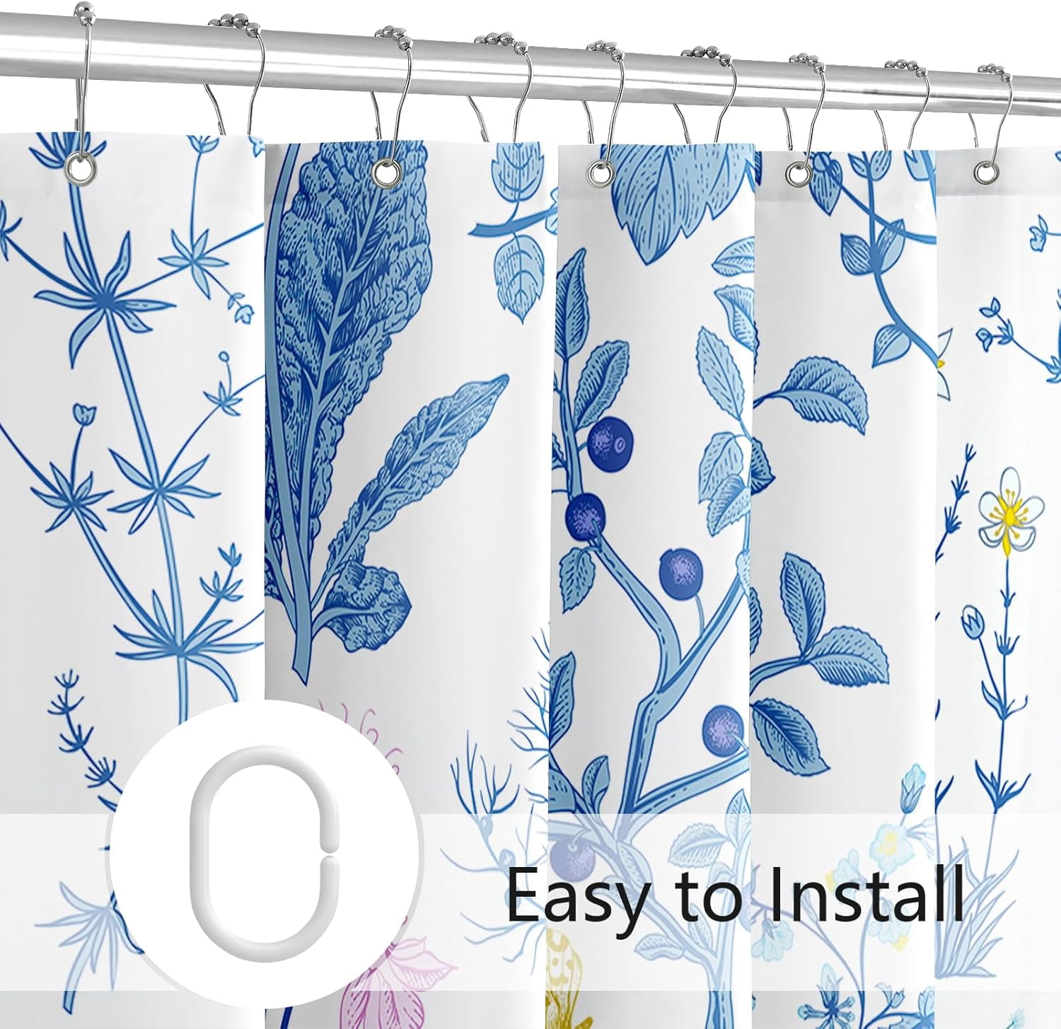 Extra Long Shower Curtain 72 x 84 Inch, Tall Blue Floral Fabric Shower Curtain, Cute Botanical Herbs Flower Butterfly Aesthetic Bathroom Shower Curtain Set with Hooks