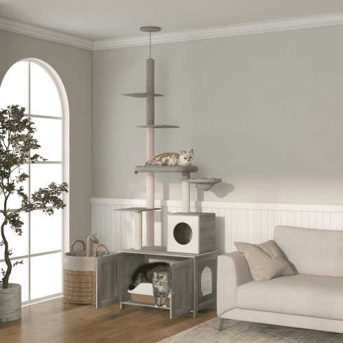 PawHut 2-in-1 Cat Tree & Litter Box Enclosure - Floor to Ceiling Cat Tower with Condo, Hammock & Scratching Posts, Gray
