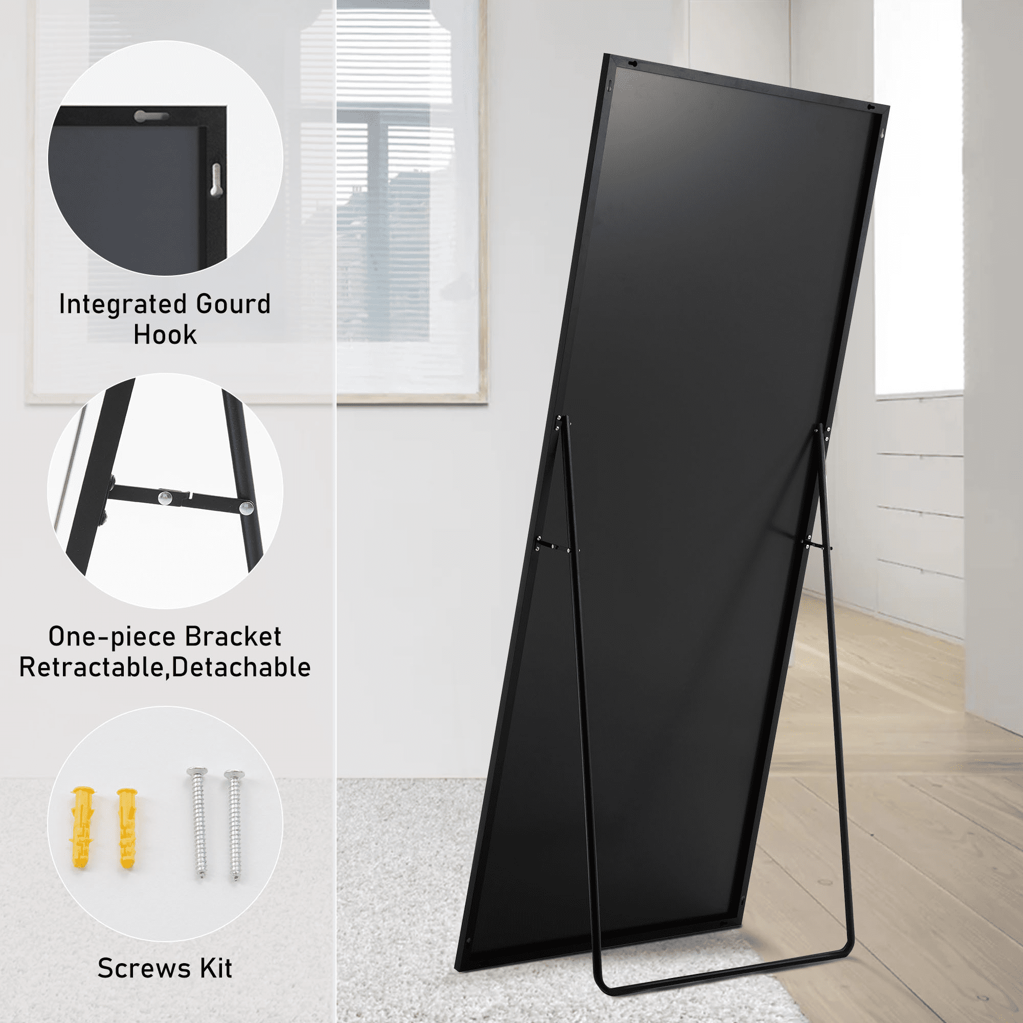 MAYEERTY 63"x20" Rectangular Full-Length Mirror - Floor Standing Full-Body Mirror, Black