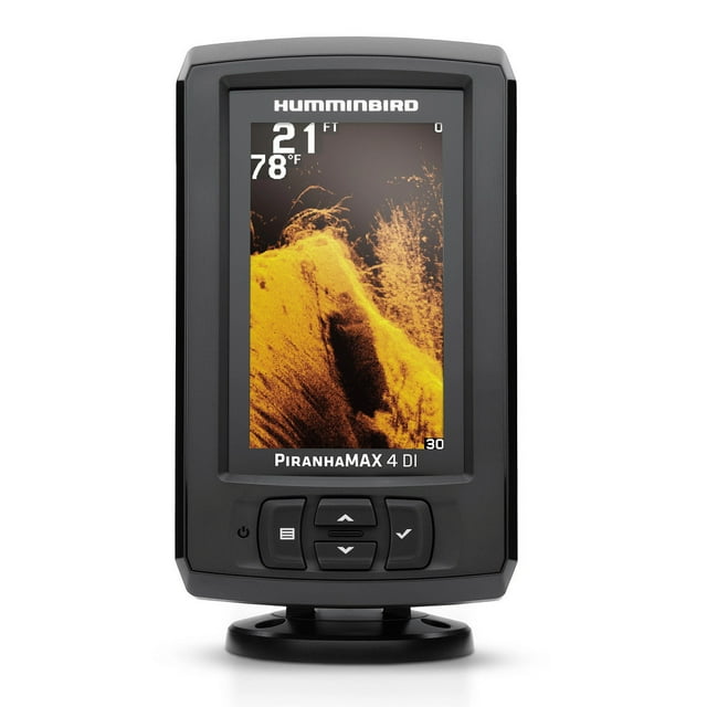 Humminbird Détecteur de Poissons 410160-1 PiranhaMax 4; Utilisé pour Trouver des Poissons et Identifier les Contours; Écran LCD 4,3 Pouces; Résolution 272 x 480 Pixels; Contrôle par Clavier; Sortie 300 Watts; avec Imagerie en Duvet; Étanche