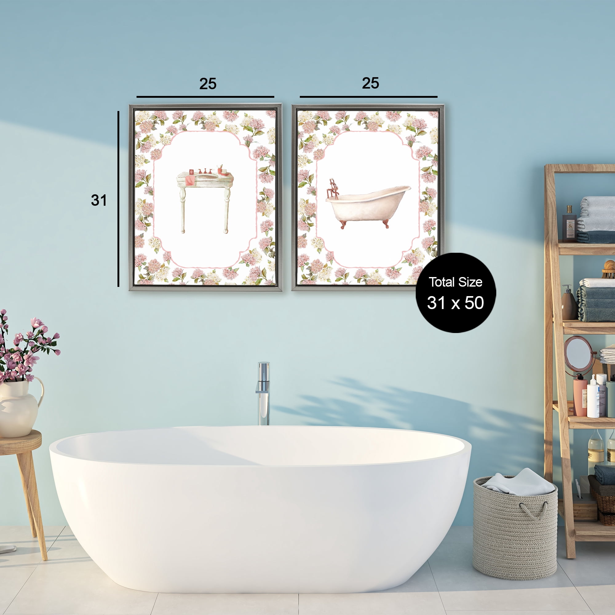 Stupell Industries Elegant Hydrangeas Bathroom 2 Piece Gray Framed Floater Canvas Set, design by Carol Robinson