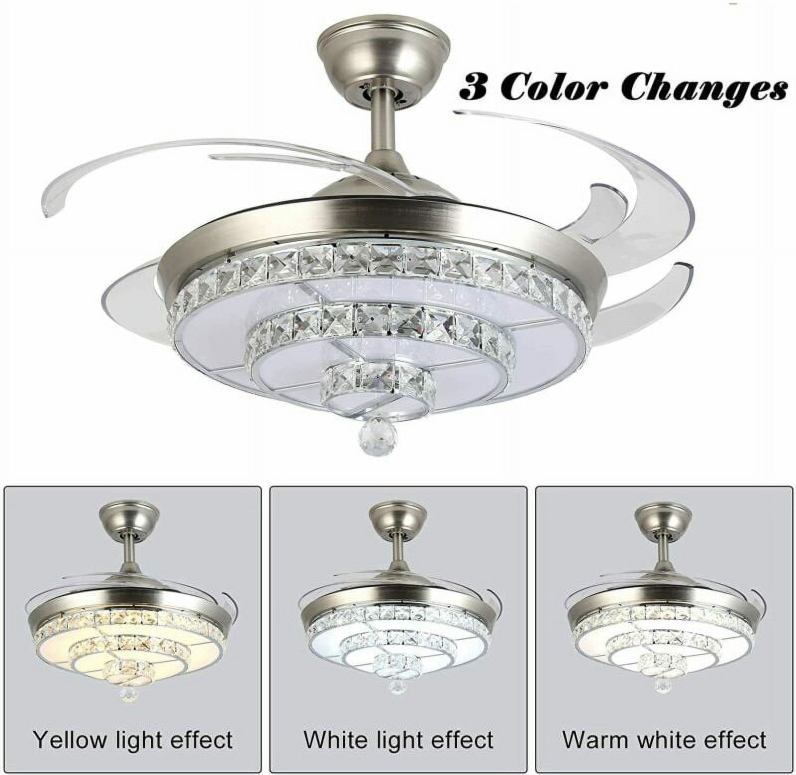 EAYSG 42'' Crystal Ceiling Fans with Lights,3 Color Remote Control Retractable Invisible Blades 3 Speeds Indoor Ceiling Light  with Fan