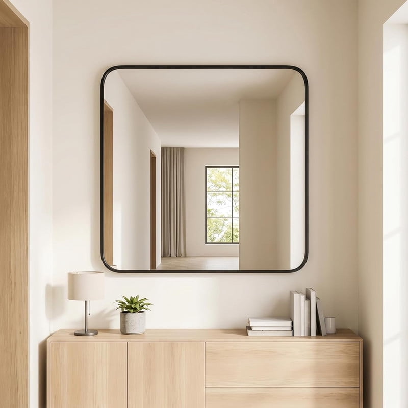 Clarvion 39"x39" Rounded Edge Rectangle Bathroom Mirror Wall Mounted Vanity Mirror,Black