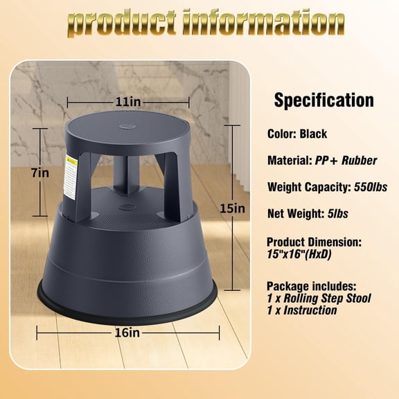 Rolling Step Stool with Wheels, 550lbs Capacity, Non-Slip Platform & Retractable Casters, Round Kick Stool for Library, Kitchen, Office, Garage, Portable for Adults/Seniors/Kids (Black)