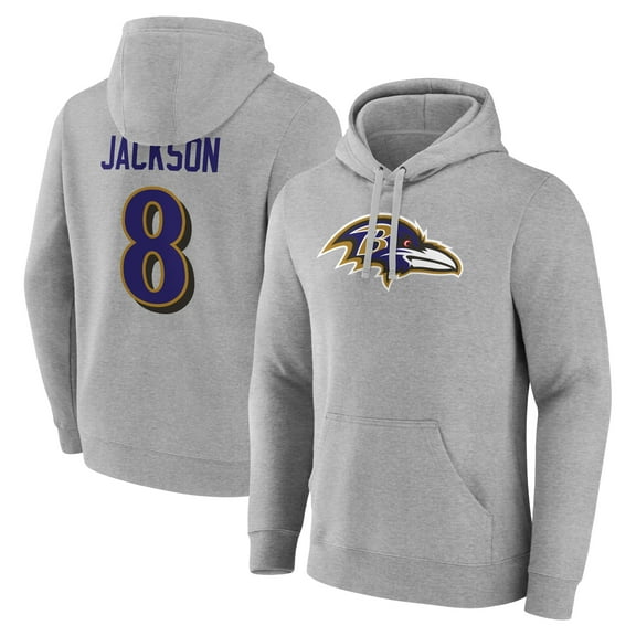 Men's Lamar Jackson Gray Baltimore Ravens Icon Player Name & Number Pullover Hoodie