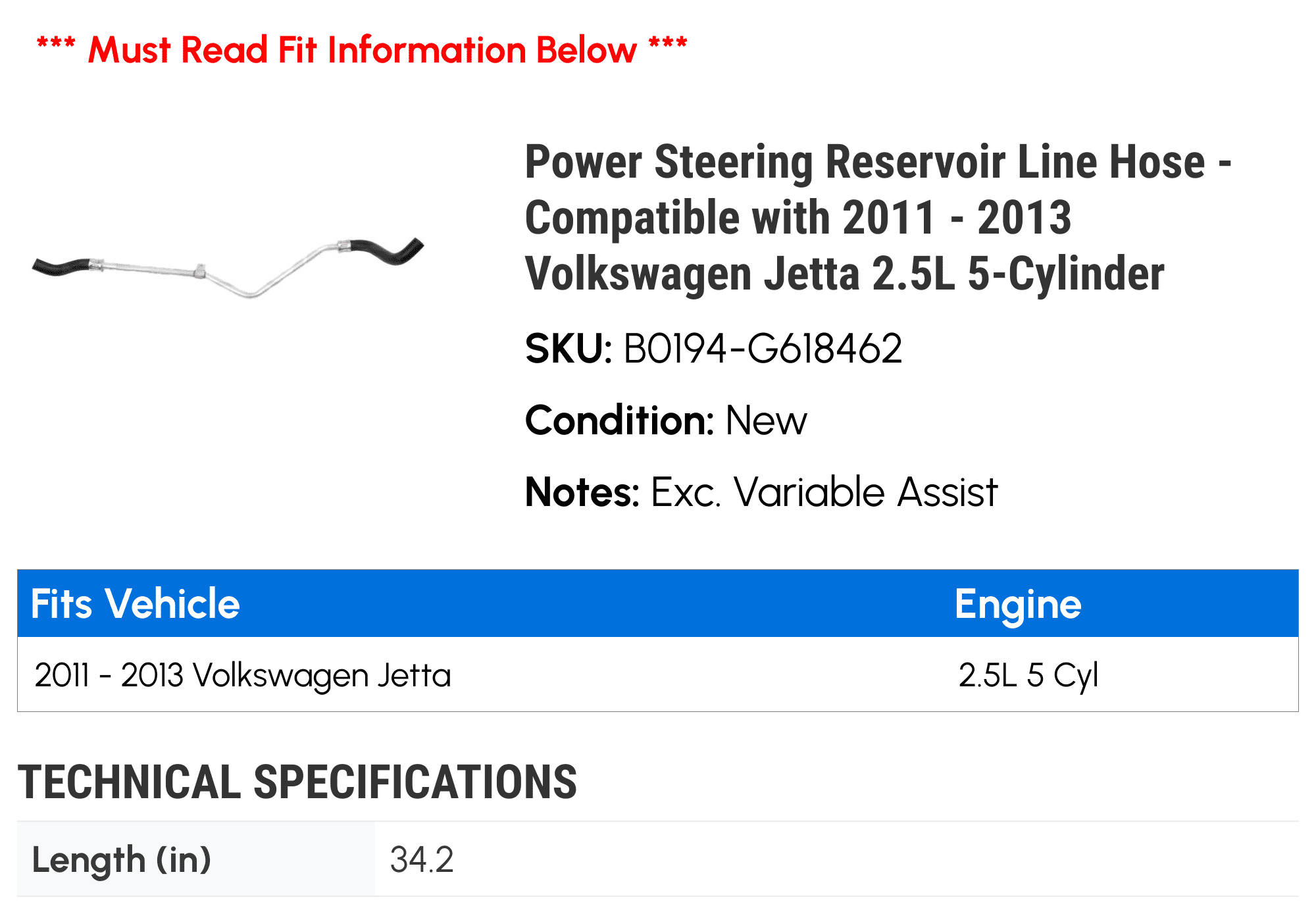 Power Steering Reservoir Line Hose - Compatible with 2011 - 2013 Volkswagen Jetta 2.5L 5-Cylinder 2012