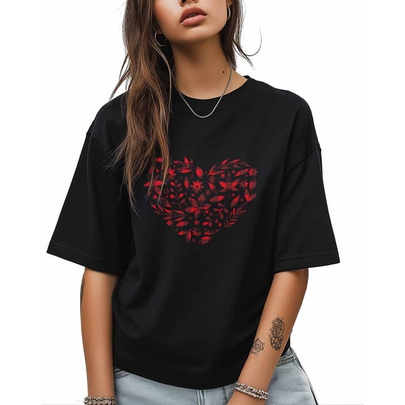 T Shirts for Women Short Sleeve Cotton Crewneck T-Shirt, Black Red Plaid Leaves Love Heart Tee Tops Casual Basic T-Shirts, XS-5XL Black XS