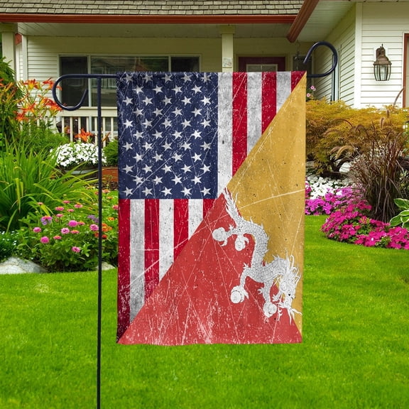 American USA Bhutan Half Friendship Bhutanese Patriotic Garden Flag, Double-Sided Outdoor Yard Decor 11.5 x 17.5 Inch
