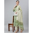 thumbnail image 3 of Janasya Indian Mandarin Collar 3/4 Sleeve Floral Print Green Rayon Kurta With Pant and Dupatta For Women, 3 of 8