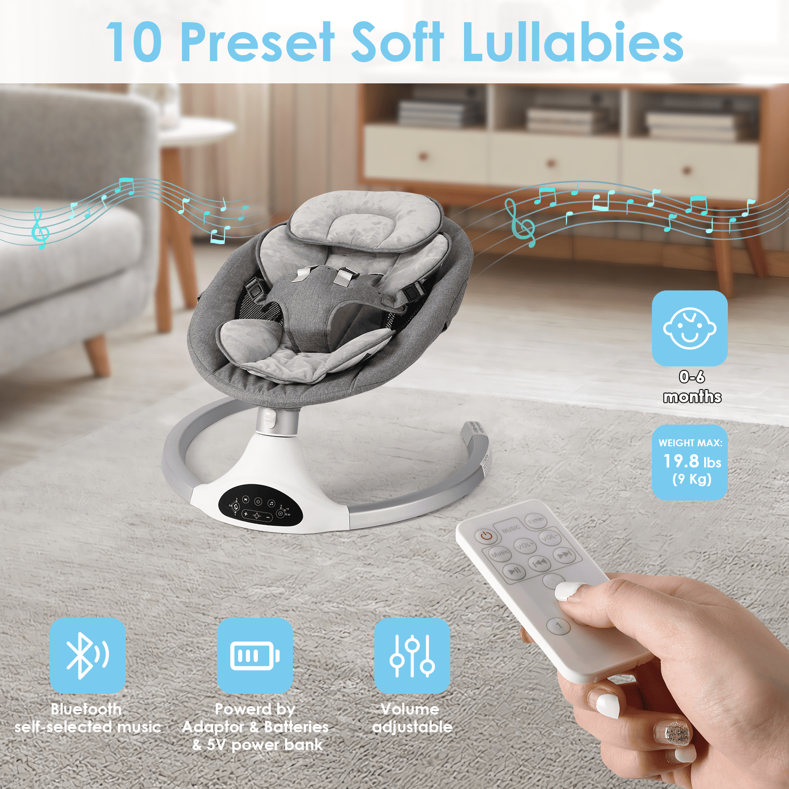 Baby Swing for Infants - Electric Infant Swing with 3 Swing Speeds and 10 Lullabies, Portable Indoor Baby Rocker, Touch Screen and Remote Control, Grey