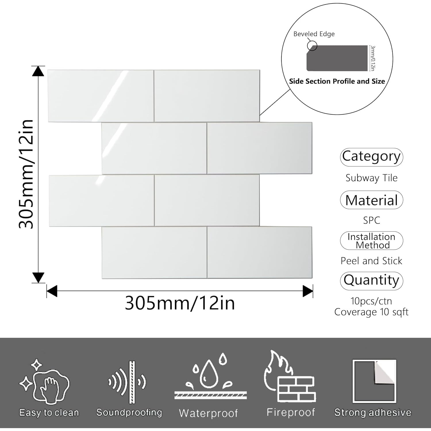 10 Sheet Peel and Stick Backsplash,12”x12”Pure White Subway Tile for Kitchen Wall,Self Adhesive Glossy Faux Marble Tile,Stick on Accent Wall Backsplash Tile for Living Room, Bedroom,RV