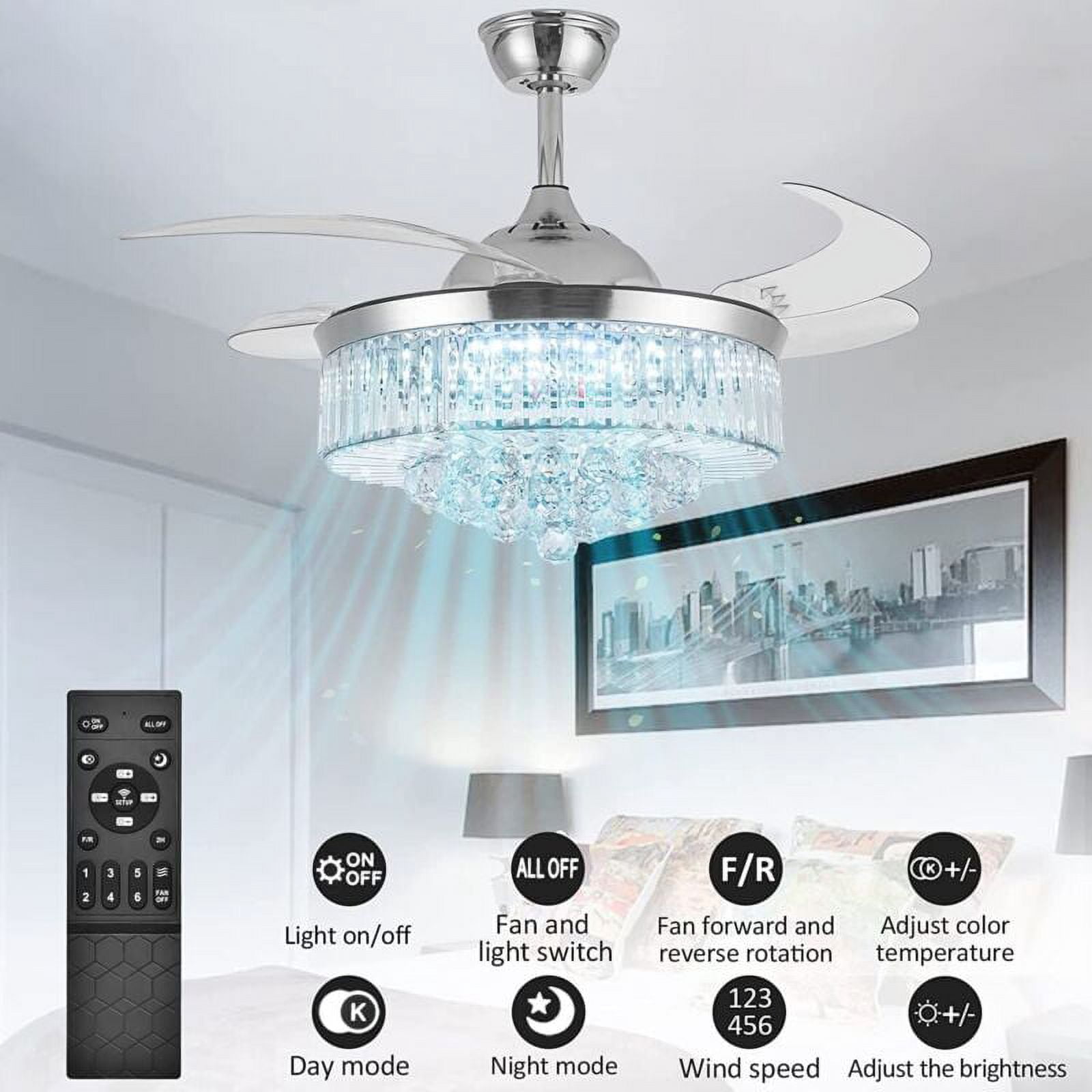 EAYSG 42” Silver Modern LED Ceiling Fan with Remote Control and Timer