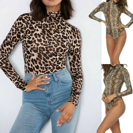 Womens Long Sleeve Leopard Print Body Suit High Collar Jumpsuit Romper