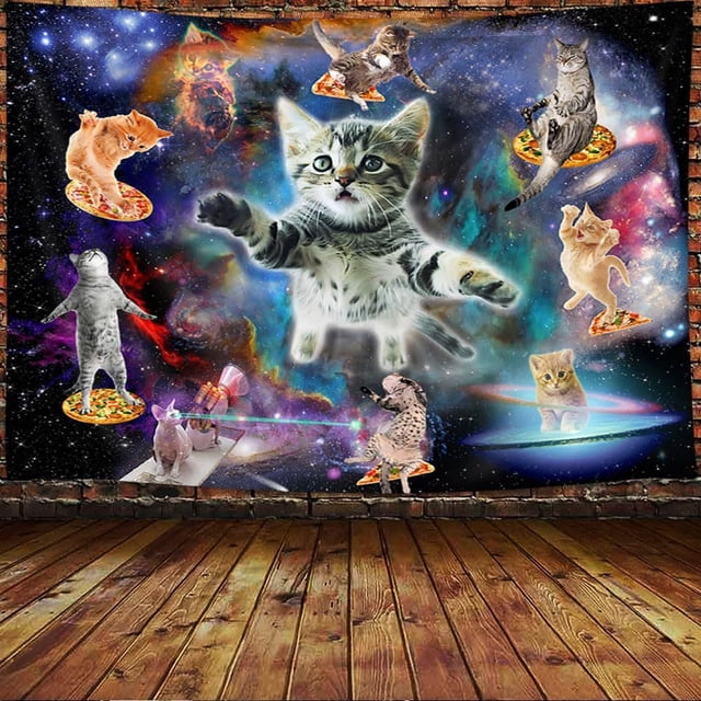 Tapiz para colgar en la pared con forma de gato con forma de galaxia, divertido, pizza, Space Cats