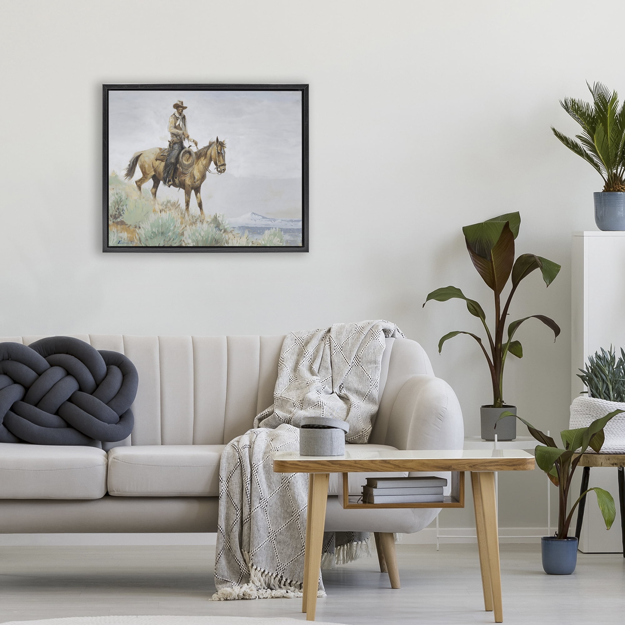 Stupell Industries Mounted Cowboy on Sagebrush Ridge Black Framed Floater Canvas Wall Art, design by Arlington Prints