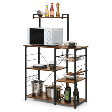 MoNiBloom Kitchen Bakers Rack, Utility Storage Shelf with Wire Basket, 6 Shelves Microwave Oven Stand for Spice, Pots and Pans, Brown
