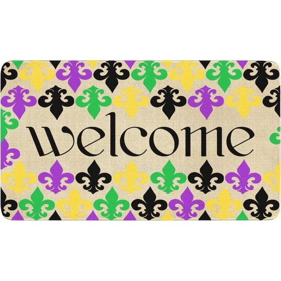 Mardi Gras Door Mat, Fleur De Lis Indoor Outdoor Non-Slip Floor Mat Welcome Mat Bath Rugs, Non-Slip&Absorbent Front Door Mat, Washable Floor Doormat for Entryway, Patio, Porch 16x24inch