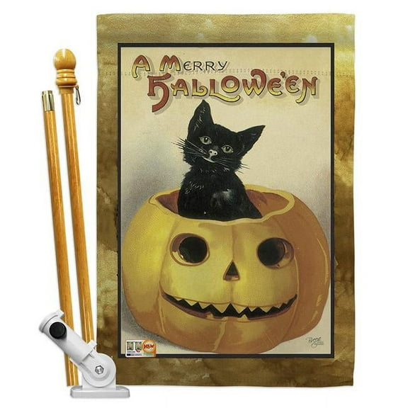 Breeze Decor BD-HO-HS-112065-IP-BO-D-US16-AL 28 x 40 in. Merry Halloween Fall Impressions Decorative Vertical Double Sided House Flag Set with Pole Bracket Hardware