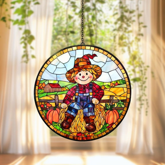 Round Acrylic Scarecrow Suncatcher Window Hanging Decoration, Glass Acrylic Home Decor, Fall Harvest Pumpkin Window Art