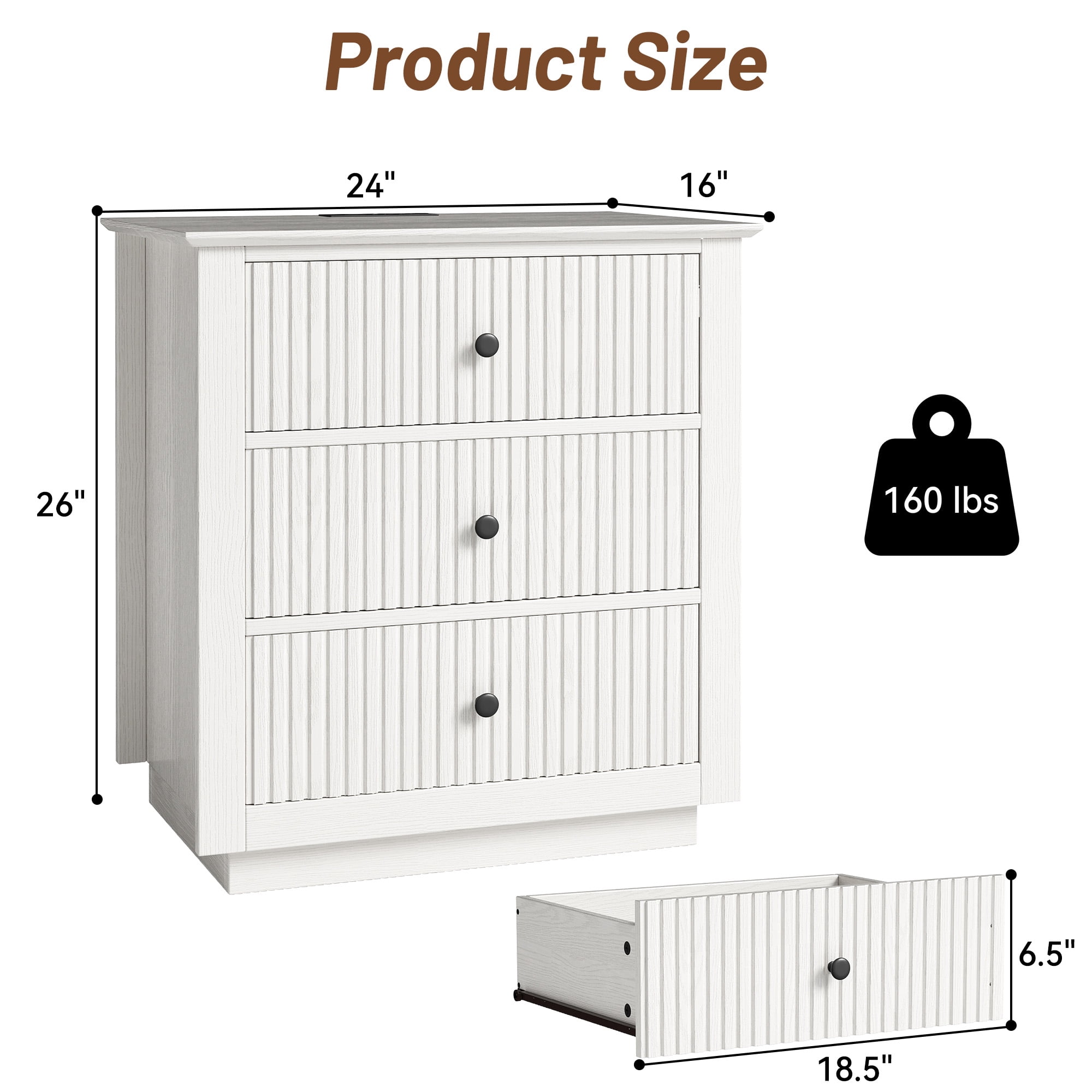 Modern Nightstand with Charging Station & 3 Drawers, 24 Inch Wide Bedside Table Set of 2 for Bedroom and Living Room, Large Storage End Table with Fluted Design, White