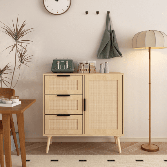 Hassch Storage Cabinet with Rattan Door & 3 Drawers, Rattan Cabinet with Adjustable Shelf, Accent Small Sideboard for Living Room, Dining Room, Entryway, Natural