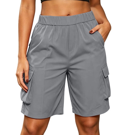yillto Women's Cargo Shorts with 6 Pockets Elastic Waist Knee Length Long Hiking Summer Baggy Casual Shorts