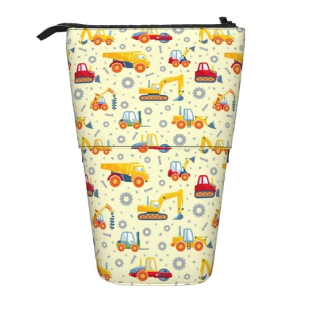 Xecao Heavy Equipment Print Telescopic Pencil Bag Pen Holder Pop Up Stationery Case Stand-up Retractable Transformer Bag Standing Organizer