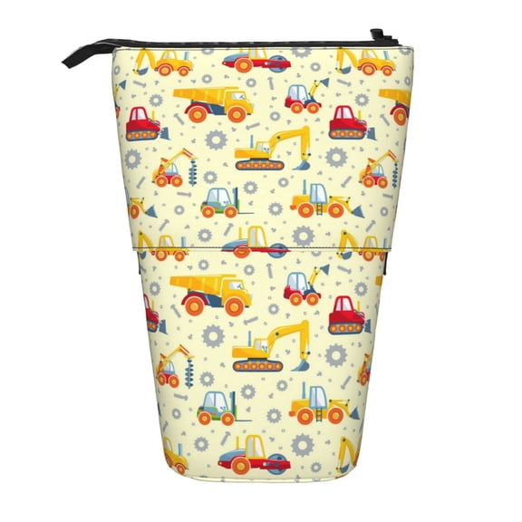 Xecao Heavy Equipment Print Telescopic Pencil Bag Pen Holder Pop Up Stationery Case Stand-up Retractable Transformer Bag Standing Organizer