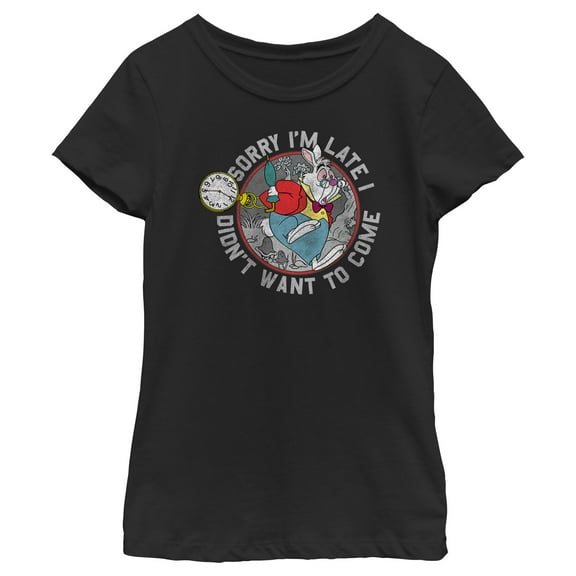 Girl's Alice in Wonderland The White Rabbit Sorry I'm Late Graphic Tee Black Medium