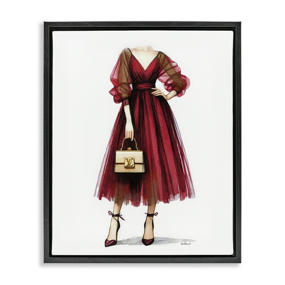 Stupell Industries Red Glam Gown Fashion Painting Black Floater Framed Canvas Art Print Wall Art, 17 x 21