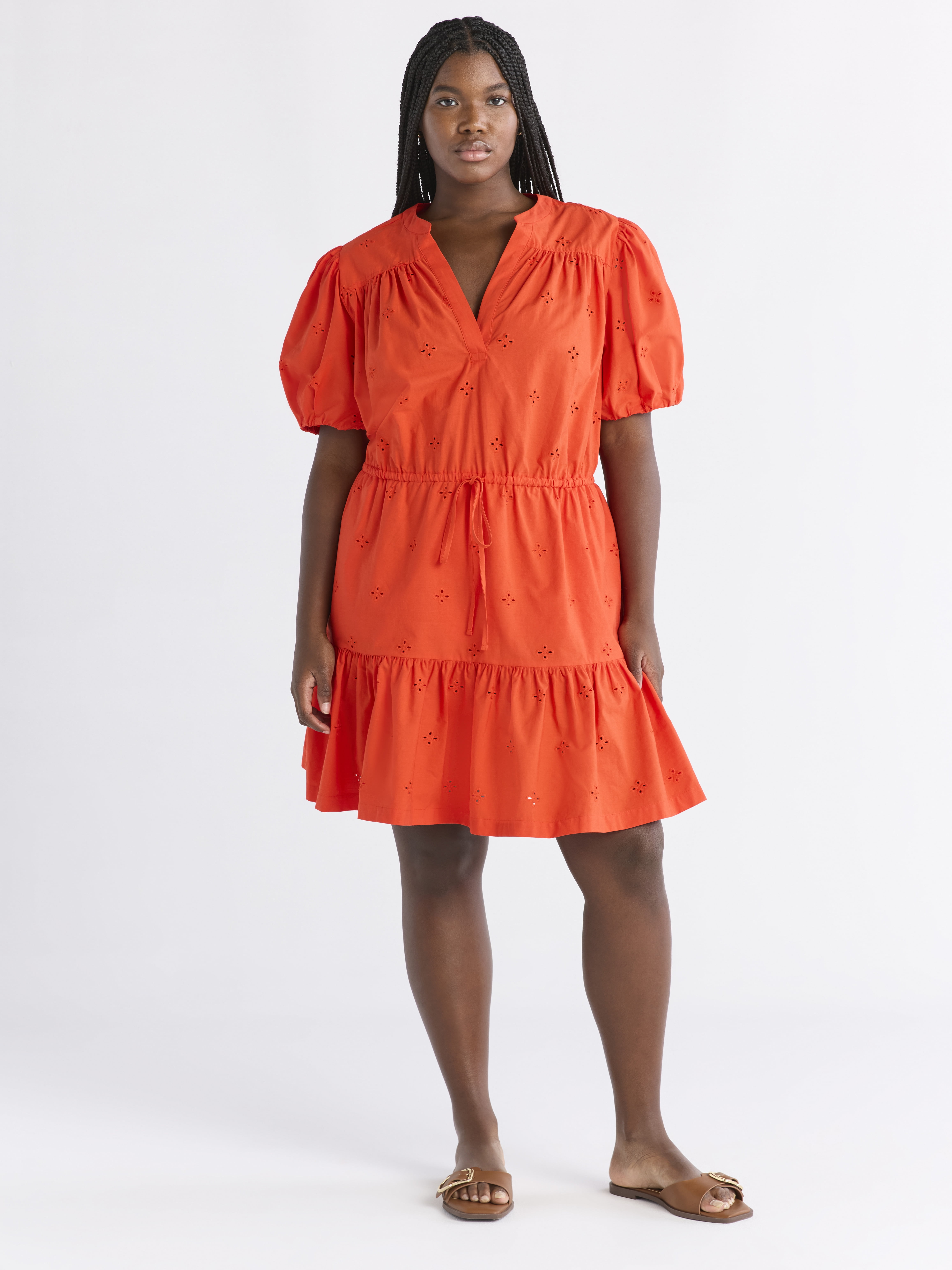 Free Assembly Women's and Women's Plus Cotton Eyelet Tiered Mini Dress with Puff Sleeves, Sizes XS-4X