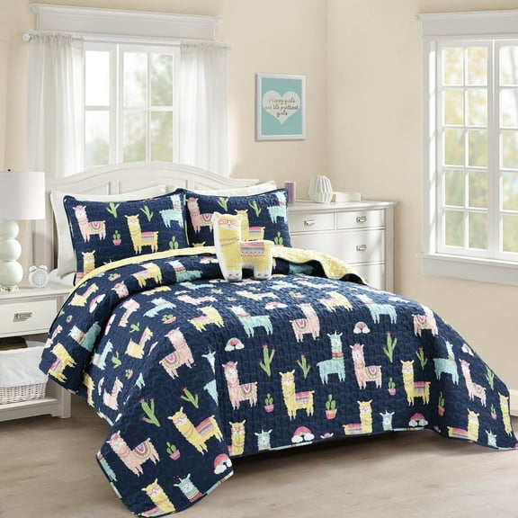 Lush Decor Southwest Llama Cactus by Décor Animal Print Polyester Reversible Quilt, Twin, Navy/Yellow, 3-Pc Set
