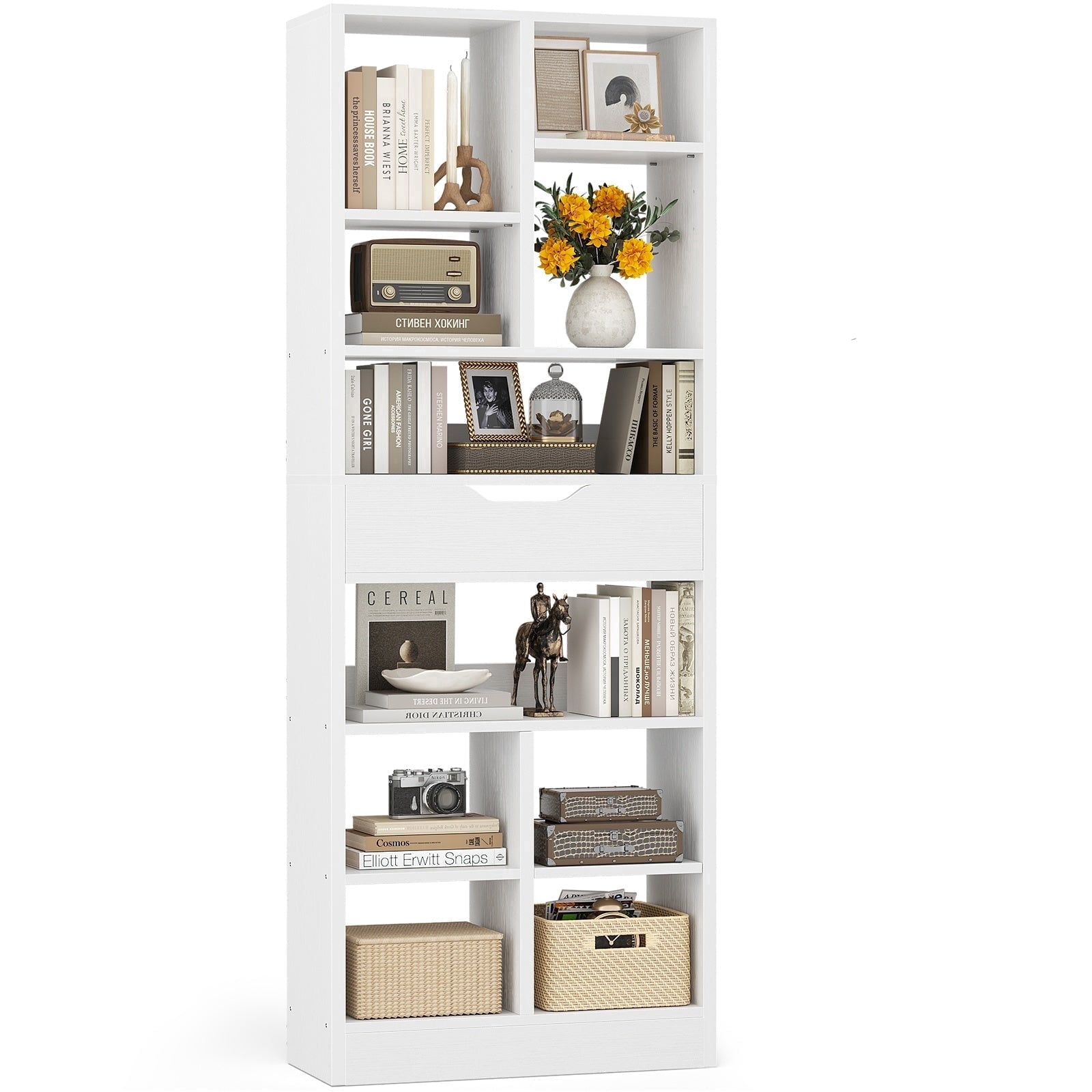 iSunirm 73.6'' Tall Cube Bookcase with Drawer, 10-Tier Bookshelves with Adjustable Shelves, 19.7 '' Width Display Shelf for Living Room, Home Office, White