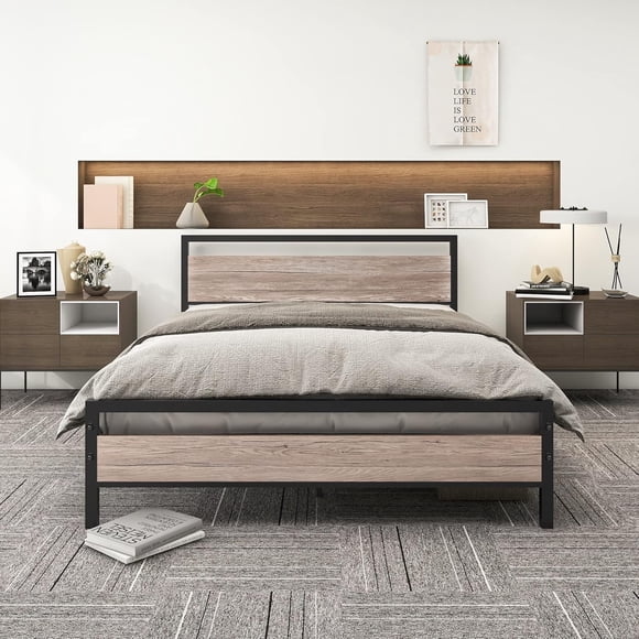 Metal Bed Frame Twin Size with Wood Headboard,Platform Bed Frame Twin No Box Spring Needed,Sturdy Reinforced Steel Slat,Rustic Brown
