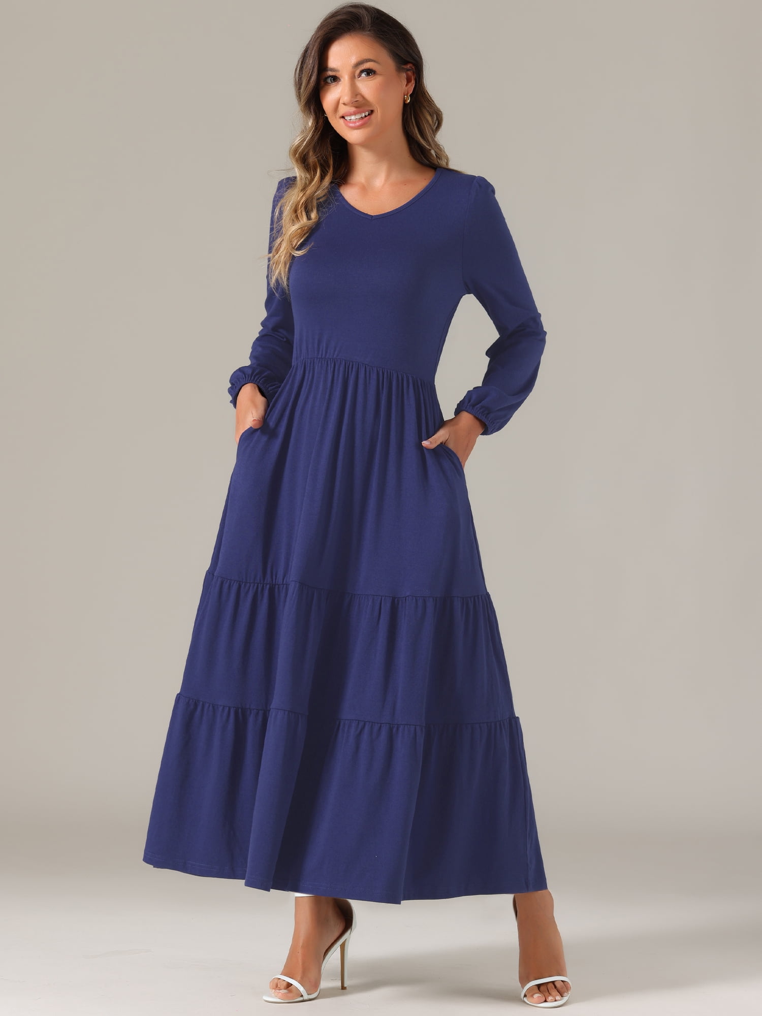 DARING DIVA Crew Neck Long Sleeve High Waist Dress L Dark Blue