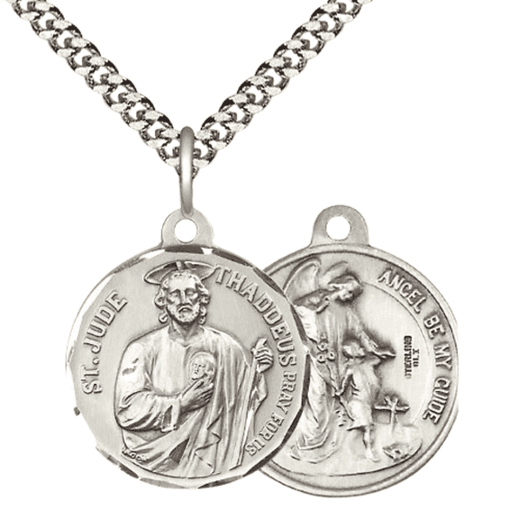 .925 Sterling Silver Saint Jude Medal Pendant on 24 Inch Endless Rhodium Plated Heavy Curb Chain -Catholic Religious Necklace Made in USA,Deluxe Velvet Gift Box