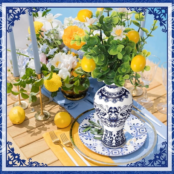 6 Set Blue White Porcelain Bud Vases with Artificial Lemons for Mediterranean Table Centerpiece Decor