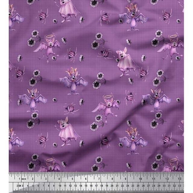Soimoi Polyester Crepe Fabric Check,Spider & Bat Kids Print Fabric by The Yard 52 Inch Wide