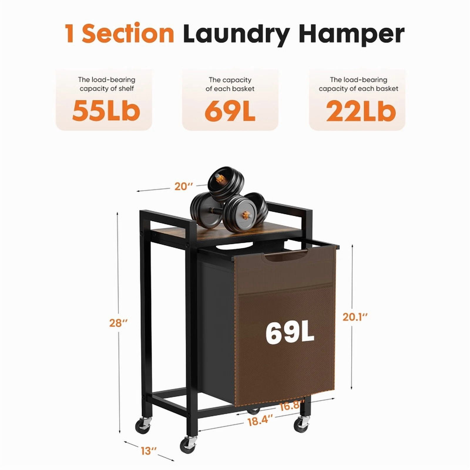Kelno Laundry Sorter Rolling Laundry Basket with Removable Bag Lockable Wheels Top Shelf, Black
