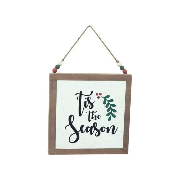 Parisloft Tis the Season Wood Sign with Wood Bead String Hanger, Mini Christmas Decor, Multi, 9.25"W