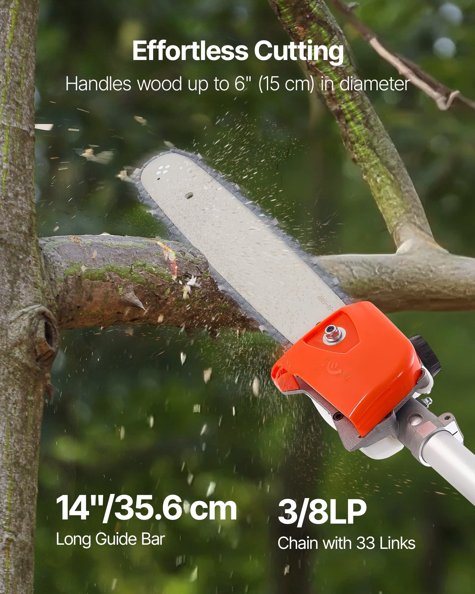 VEVOR Gas Pole Saw, 52CC 2 Stroke Gas Powered Pole Saws with 14 in Cutting Bar, Cordless Tree Trimmer with 30 fl.oz Fuel Tank, 7.2 to 10 ft Extendable, Powerful Chainsaw for Tree Trimming Pruning