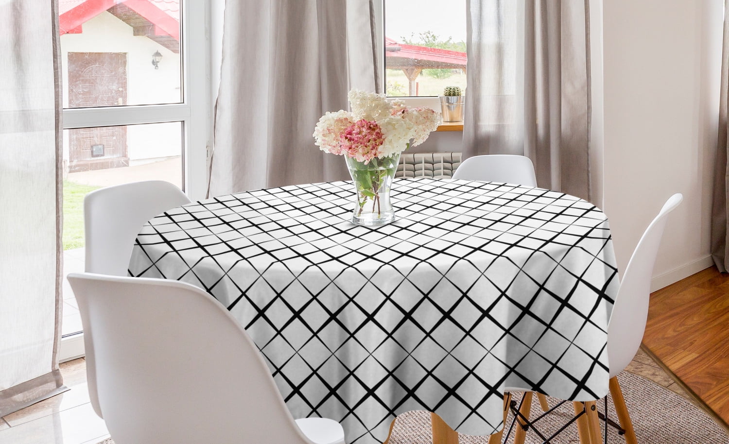Black and White Round Tablecloth, Monochrome Pattern with X Shape