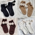 thumbnail image 4 of Calcetines cortos peludos para mujer, medias peludas con lazo y bola de pelo con cinta de satén dulce, 4 of 5